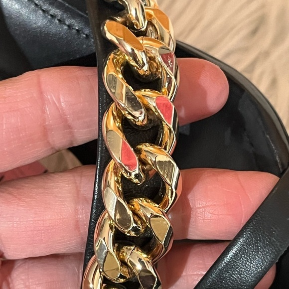 ZARA Heeled Black Leather Sandals Chunky Gold Chain Detail - Picture 8 of 15